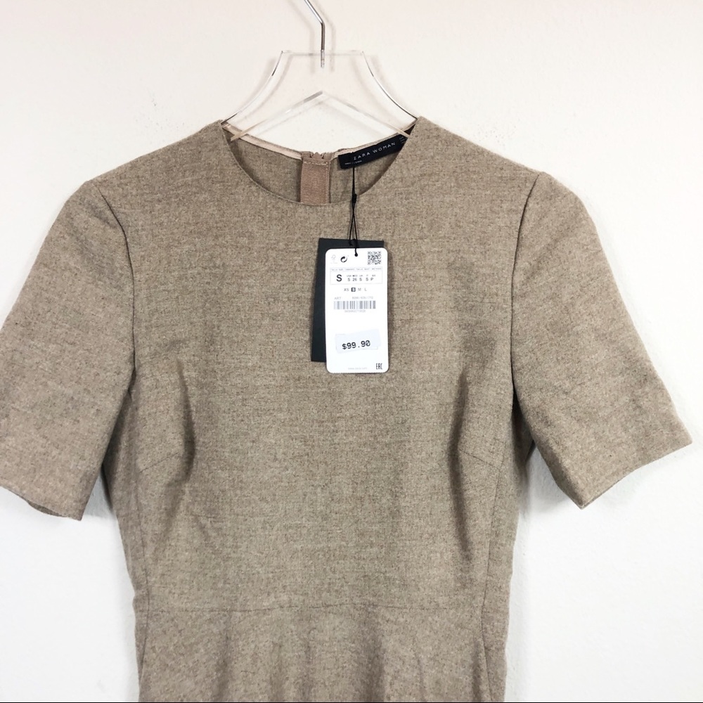 Zara | Tan Wool Blend Short Sleeve Midi Dress - Picture 5 of 8